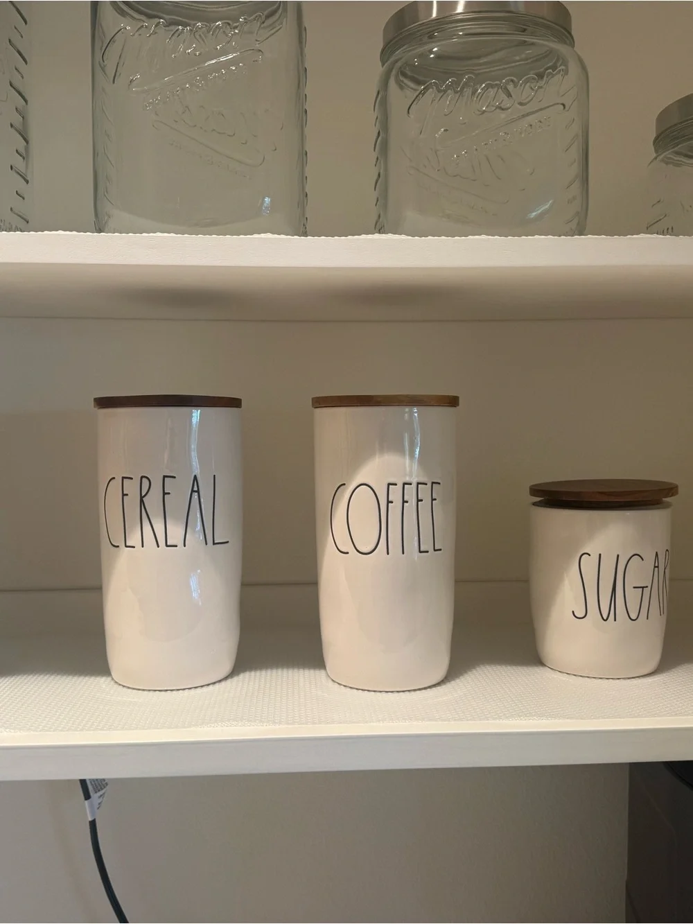 Rae Dunn White Ceramic Pantry Canisters with Wood Lids - CEREAL COFFEE SUGAR